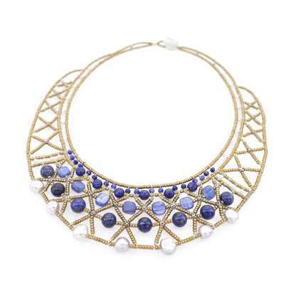 Trebor Style artisan collar necklace with gold seed beads, lapis lazuli, blue glass beads, and white pearls handmade in Italy by Ziio.
