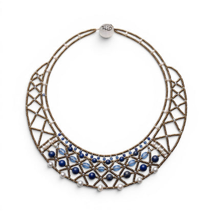 Trebor Style handmade necklace featuring blue lapis, kyanite, Murano glass beads, and freshwater pearls in a lattice.