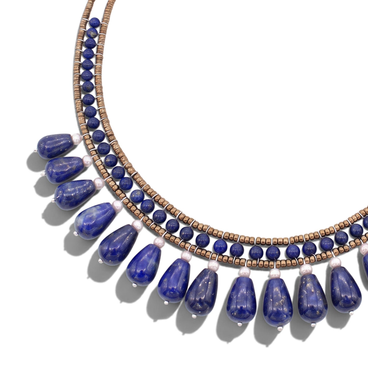 Trebor Style Lapis Lazilu dance necklace featuring blue gemstones, water pearls, and Murano glass beads on steel wire.