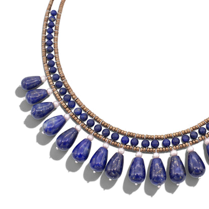 Trebor Style Lapis Lazilu dance necklace featuring blue gemstones, water pearls, and Murano glass beads on steel wire.