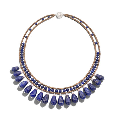 Trebor Style Lapis Lazilu necklace featuring blue gemstone drops, water pearls, and Murano glass beads on steel wire.