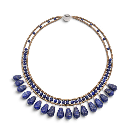 Trebor Style Lapis Lazilu necklace featuring blue gemstone drops, water pearls, and Murano glass beads on steel wire.