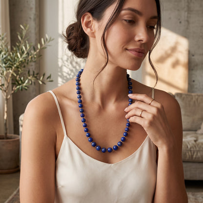 Trebor Style 20-inch statement necklace featuring 12mm natural lapis lazuli beads and gold-plated brass accents.
