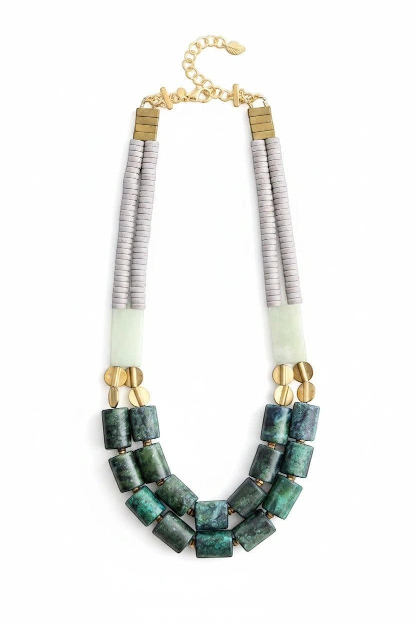 Trebor Style 21-inch layered necklace featuring magnesite, aventurine, turquoise, and brass accents with an extender.