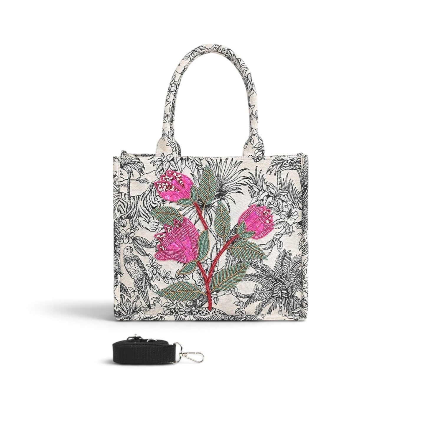 Trebor Style structured tote bag in black and cream leopard print with pink and red beaded floral embellishment.