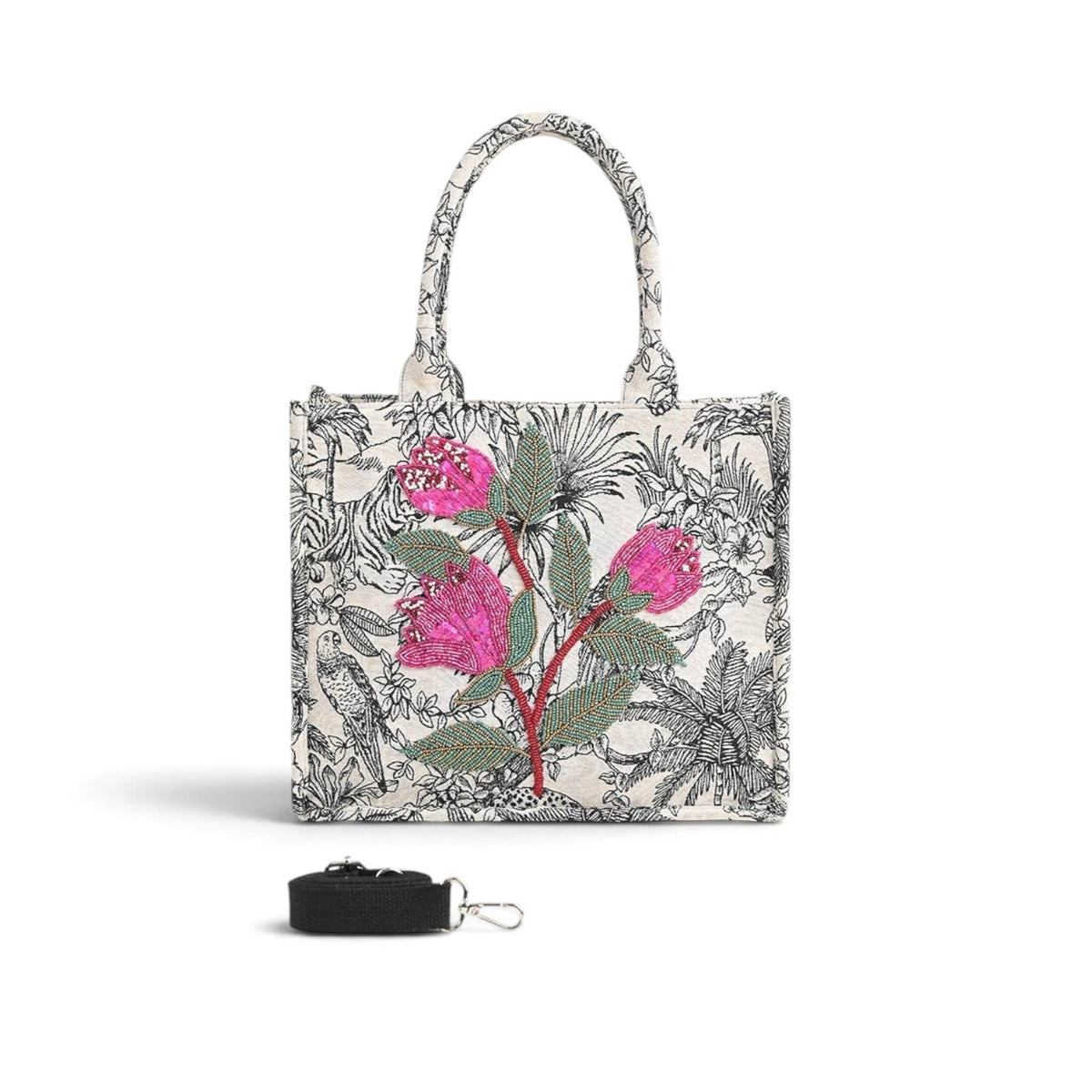 Trebor Style structured tote in black and cream leopard print with pink and red beaded floral embellishment.