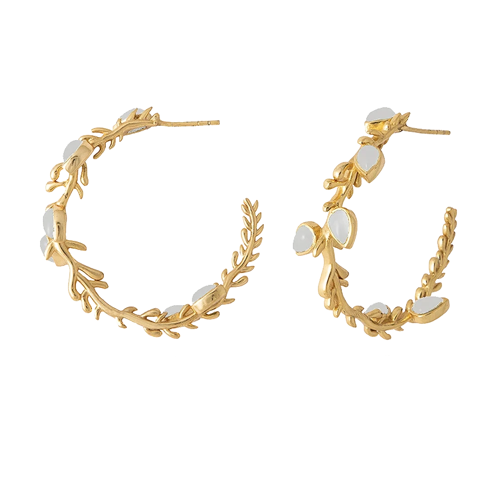 Trebor Style Lika hoop earrings featuring 24k gold plated branch designs with white drusa quartz stones.