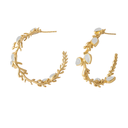 Trebor Style Lika hoop earrings featuring 24k gold plated branch designs with white drusa quartz stones.