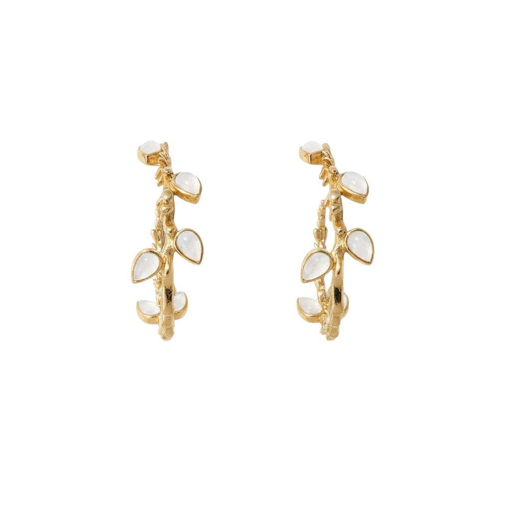 Trebor Style Lika earrings featuring 24k gold plated branch designs with white drusa quartz stones.