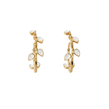 Trebor Style Lika earrings featuring 24k gold plated branch designs with white drusa quartz stones.