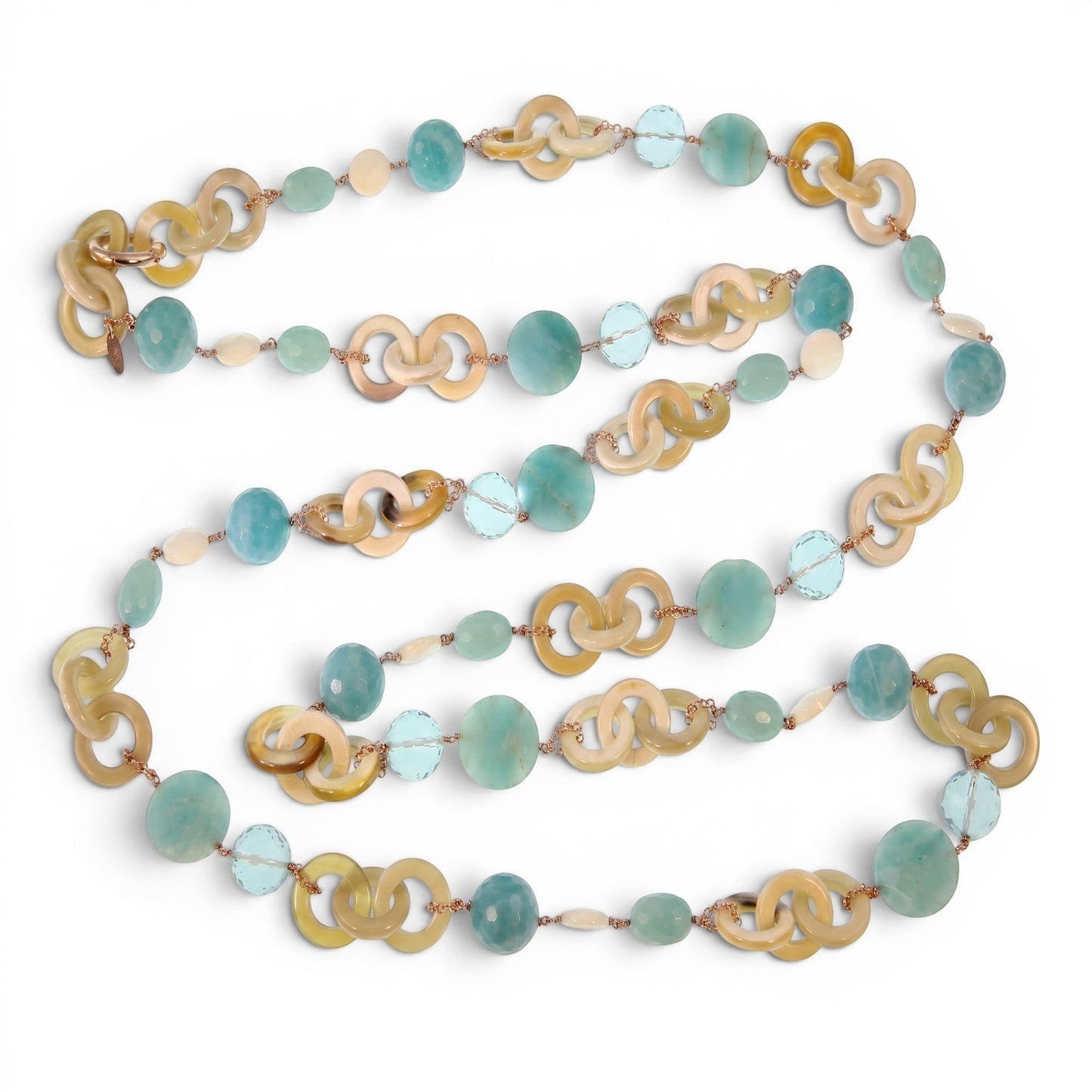 Trebor Style long necklace featuring tan horn, turquoise chalcedony, crystal, and pearl beads on rose gold silver chain.