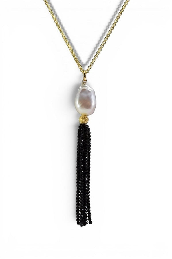 Trebor Style long necklace with a white mabe pearl and black spinel gemstone tassel on a gold filled sterling chain.
