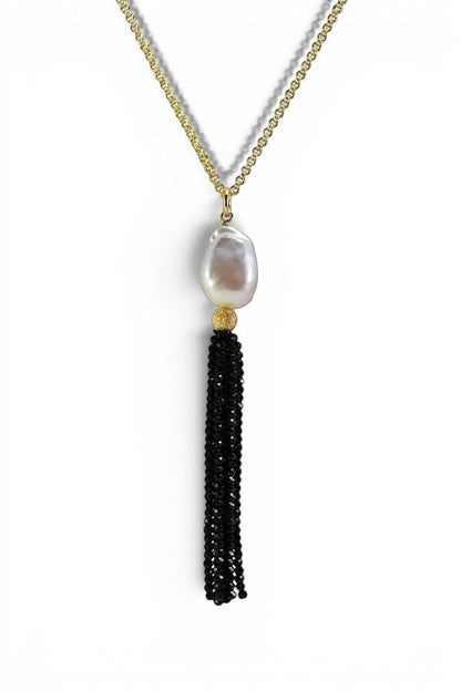 Trebor Style long necklace with a white mabe pearl and black spinel gemstone tassel on a gold filled sterling chain.