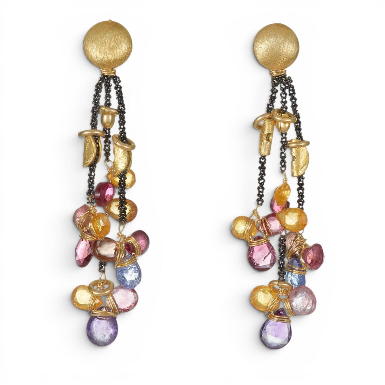 Trebor Style Mabel Chong drop earrings featuring multi-colored sapphire petals on oxidized silver and gold accents.