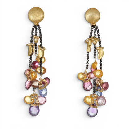 Trebor Style Mabel Chong drop earrings featuring multi-colored sapphire petals on oxidized silver and gold accents.