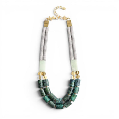 Trebor Style beaded necklace featuring magnesite, aventurine, and turquoise stones with brass accents and an extender.