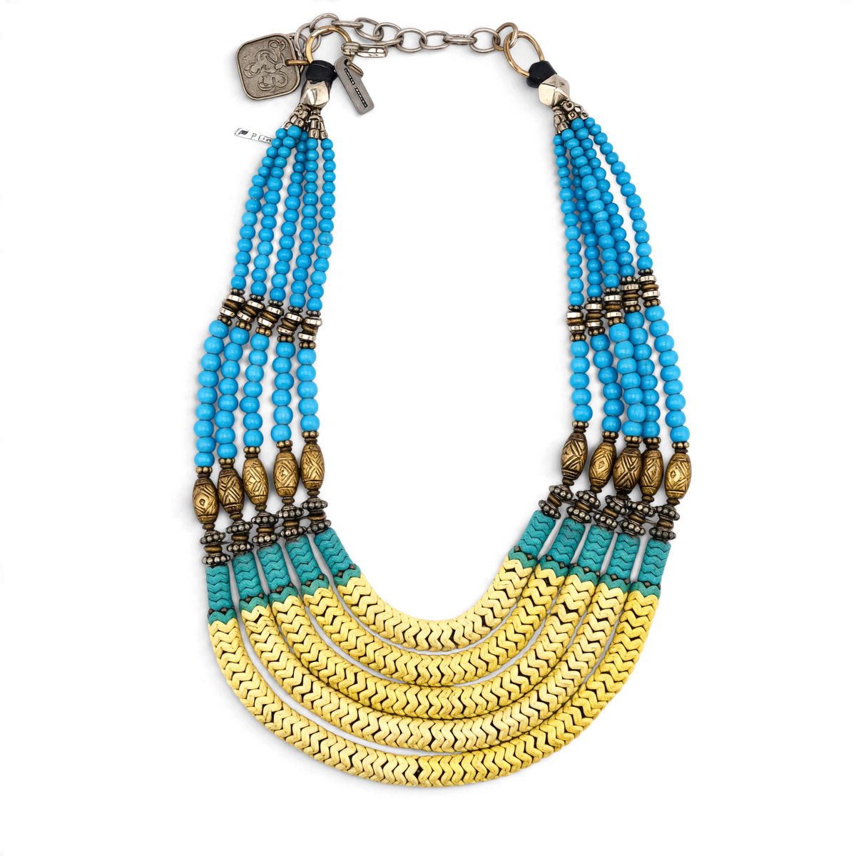 Trebor Style Masha Archer 5-strand statement necklace with yellow snake beads, blue glass beads, and gold spacers.