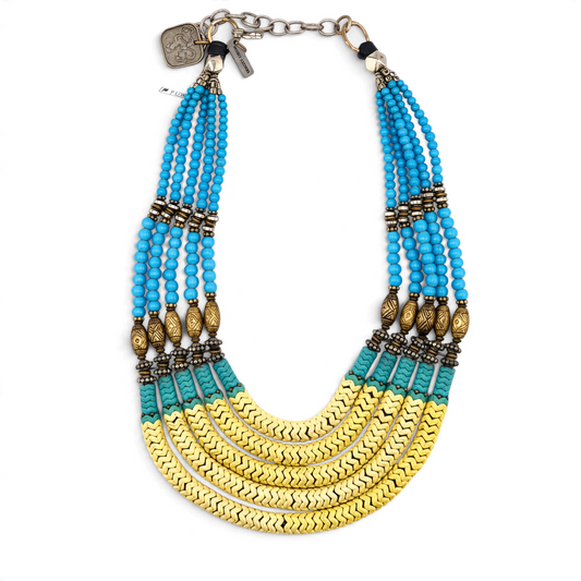 Trebor Style Masha Archer 5-strand statement necklace with yellow snake beads, blue glass beads, and gold spacers.