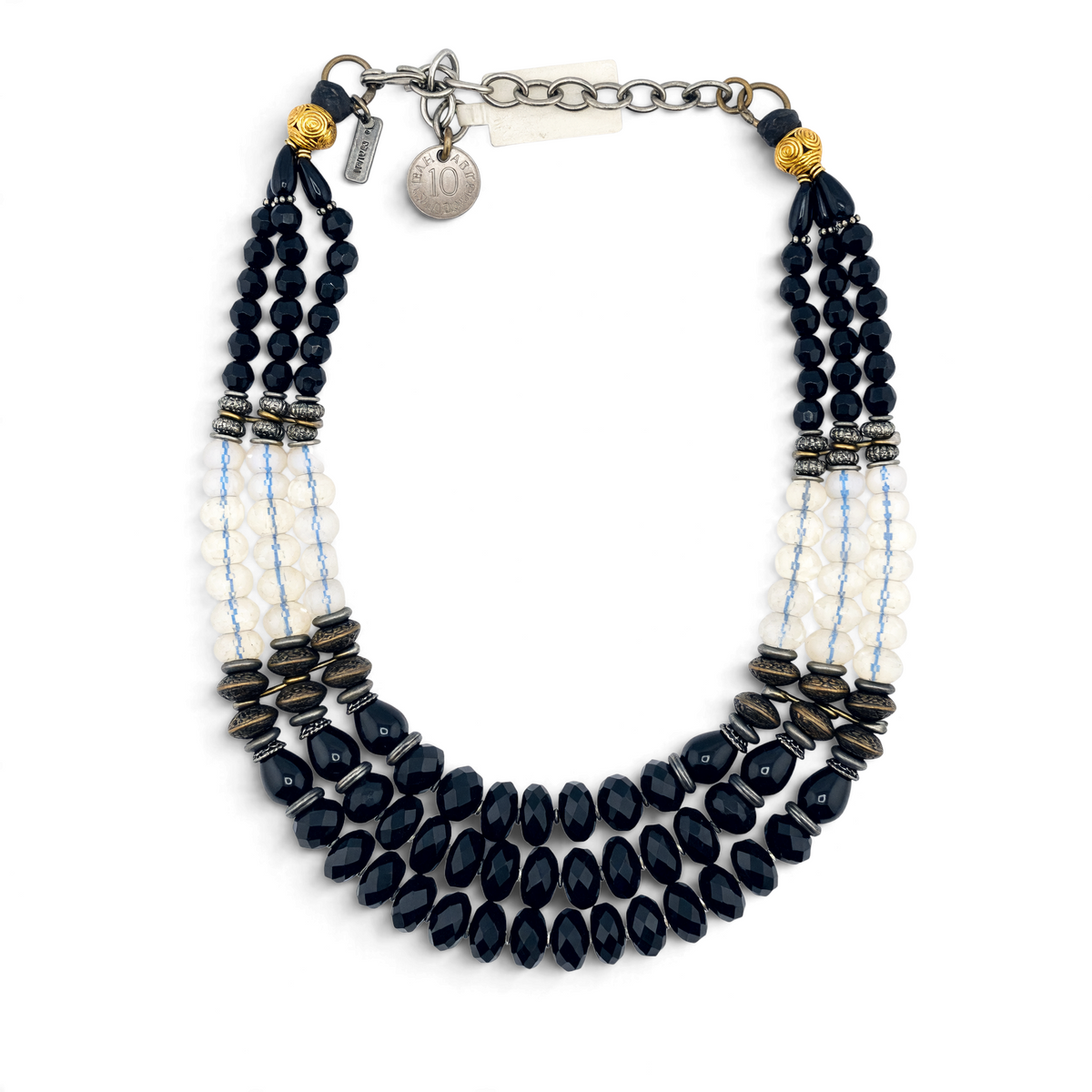 Trebor Style Masha Archer three-strand statement necklace with black onyx, opalite milkglass, and 24k gold plated beads.
