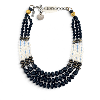 Trebor Style Masha Archer three-strand statement necklace with black onyx, opalite milkglass, and 24k gold plated beads.
