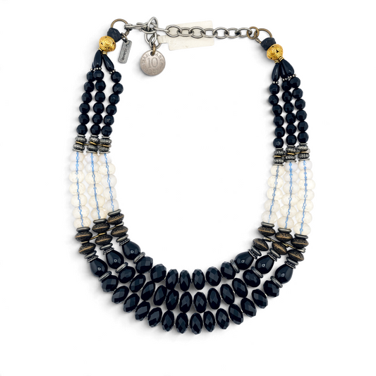 Trebor Style Masha Archer three-strand statement necklace with black onyx, opalite milkglass, and 24k gold plated beads.