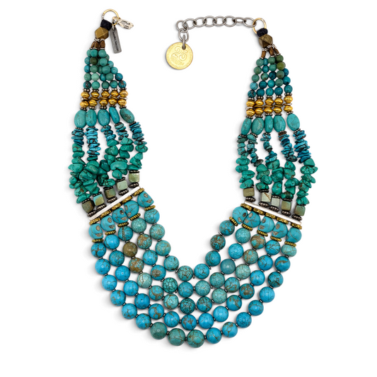 Trebor Style Masha Archer 5-strand necklace featuring blue magnesite, turquoise beads, silver bars, and a kopeck coin.
