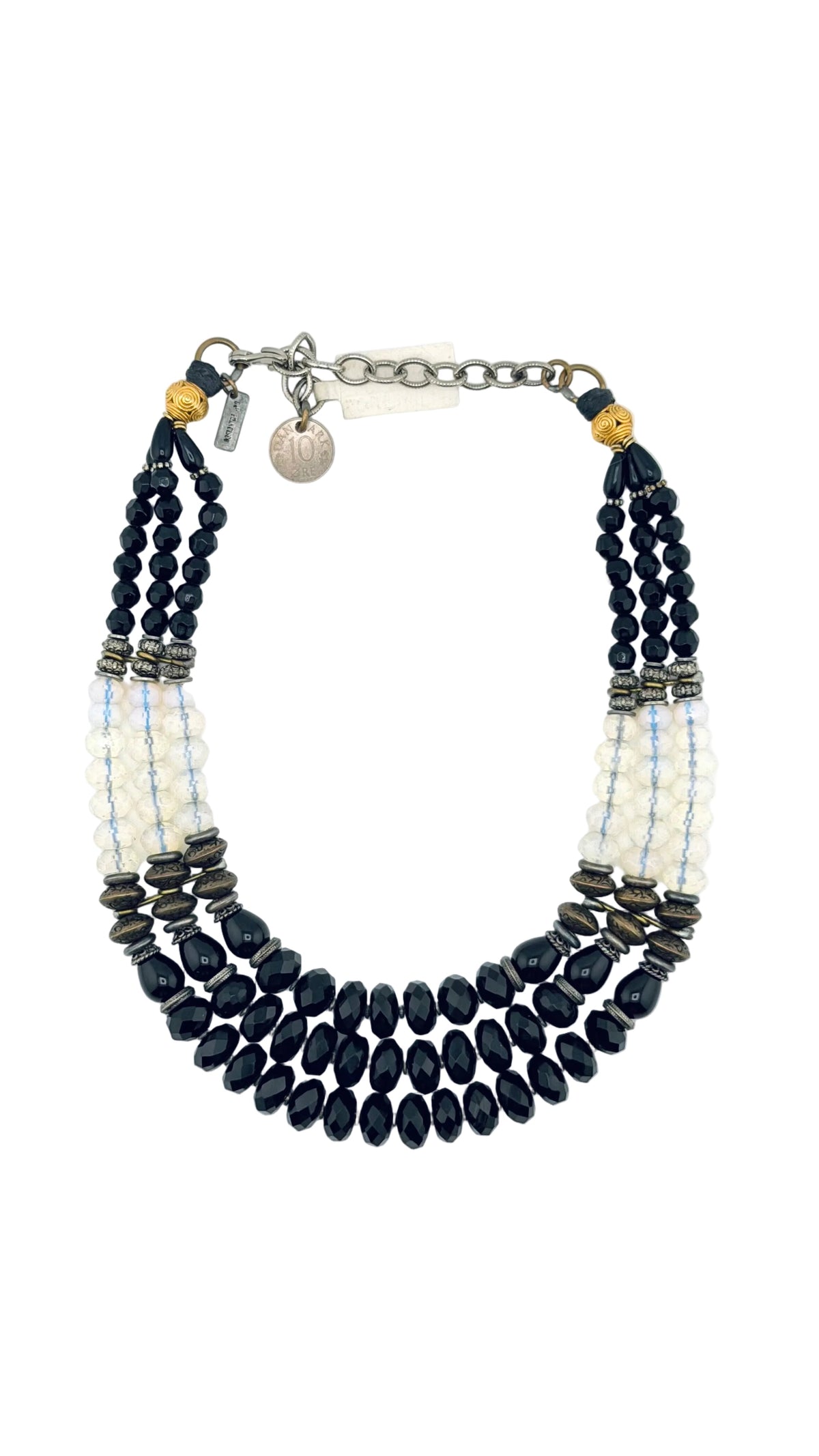 Trebor Style Masha Archer three-strand black onyx, opalite milkglass, and 24k gold plated brass statement necklace.