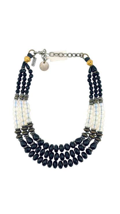 Trebor Style Masha Archer three-strand black onyx, opalite milkglass, and 24k gold plated brass statement necklace.