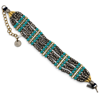 Trebor Style Masha Archer five strand choker with turquoise glass beads, silver snake beads, and Israeli coin charm.