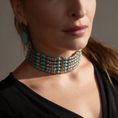 Trebor Style Masha Archer five strand choker with turquoise glass beads, silver snake beads, and gold plated accents.