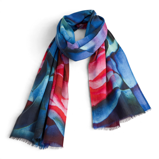 Trebor Style Leela merino wool shawl featuring an abstract watercolor rose print in blue, red, green, and black.