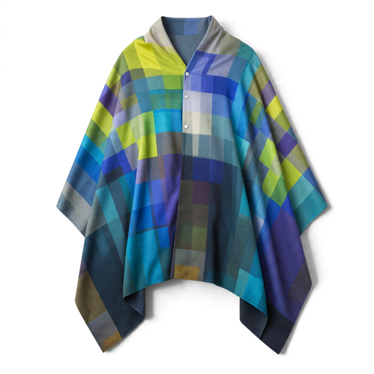 Trebor Style reversible merino wool and silk poncho featuring a blue, green, and purple stained glass grid pattern.