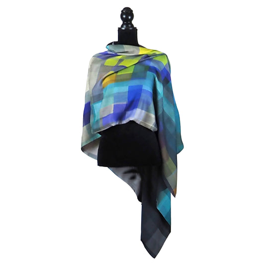 Trebor Style reversible merino wool and silk shawl featuring a blue, green, and purple stained glass art print.