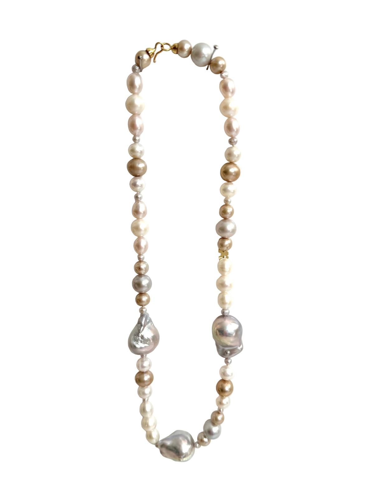 Trebor Style mixed color freshwater and baroque pearl necklace with 14k gold hook clasp, 17.5 inches long.
