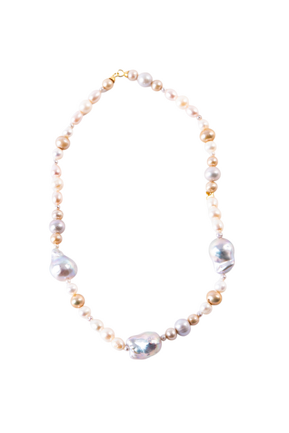 Trebor Style mixed color freshwater and baroque pearl necklace with 14k yellow gold hook clasp