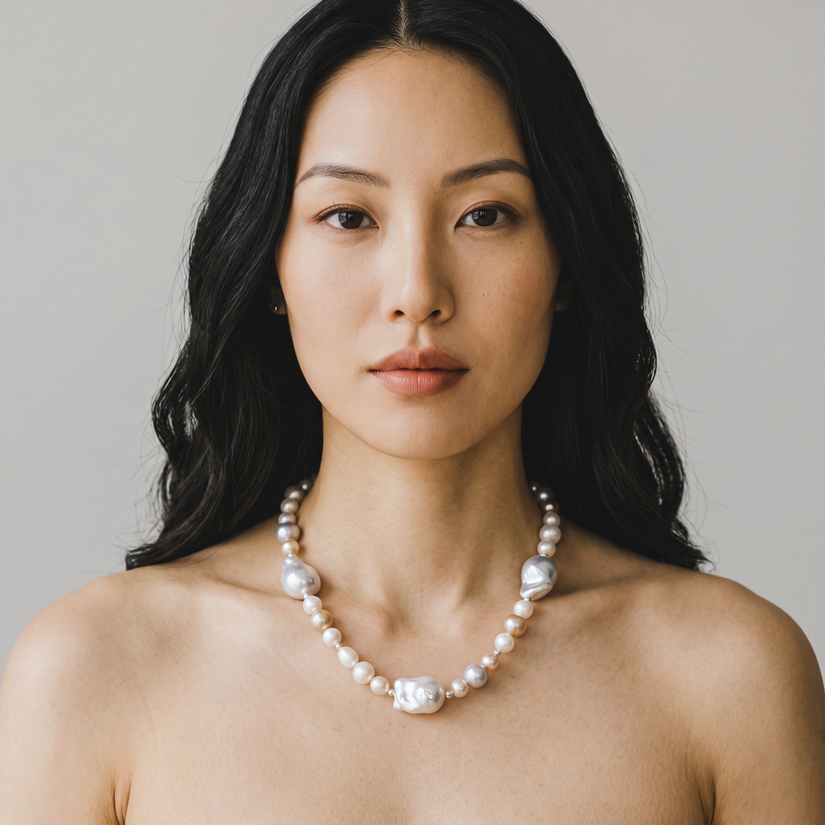 Trebor Style multi-color freshwater and baroque pearl necklace with 14k gold clasp worn by a woman