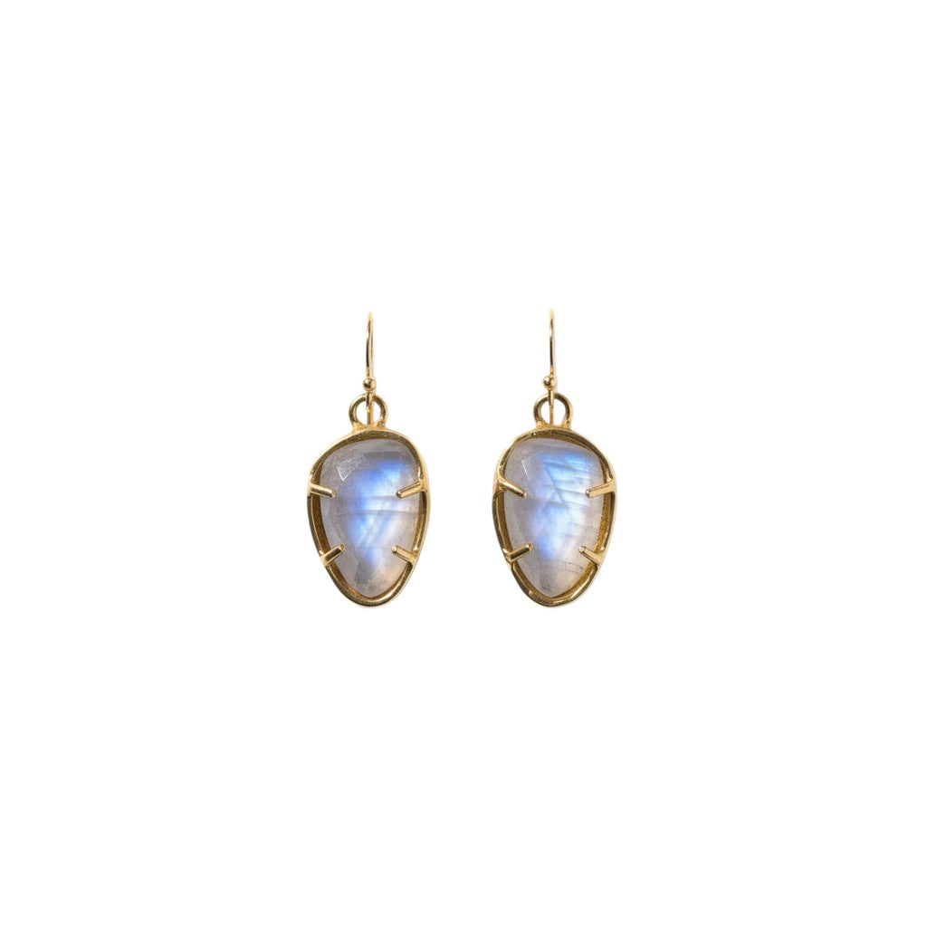 Trebor Style Hazy Sky earrings featuring rose-cut moonstones in brass settings with gold-filled French wires.