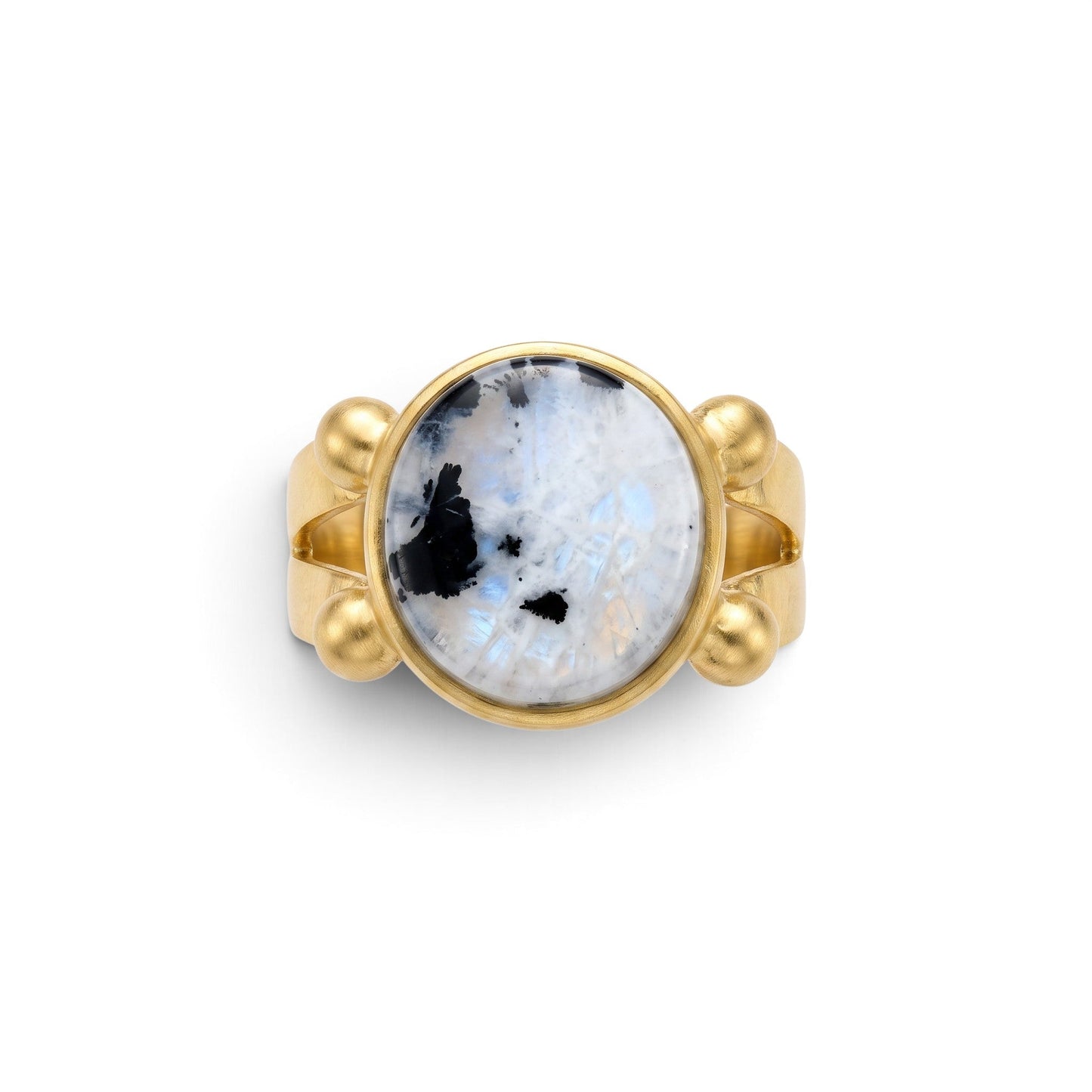 Trebor Style 16mm round-cut moonstone ring in a chunky gold-filled adjustable band with iridescent stone detail.
