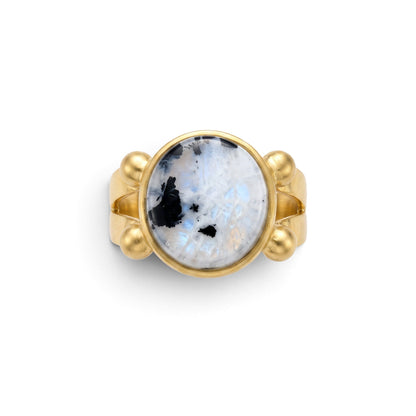 Trebor Style 16mm round-cut moonstone ring in a chunky gold-filled adjustable band with iridescent stone detail.