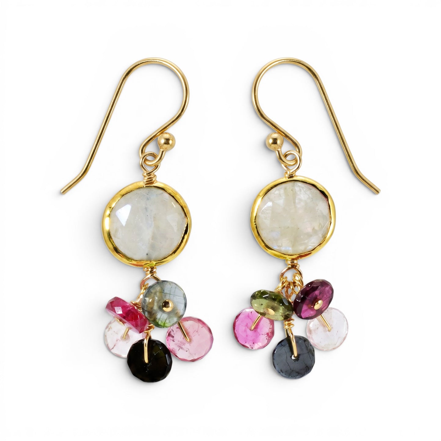 Trebor Style drop earrings featuring bezel-set moonstone and multi-color heishi tourmaline on gold-filled hooks.
