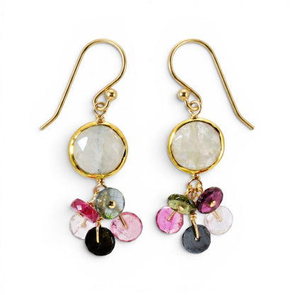 Trebor Style drop earrings featuring bezel-set moonstone and multi-color heishi tourmaline on gold-filled hooks.