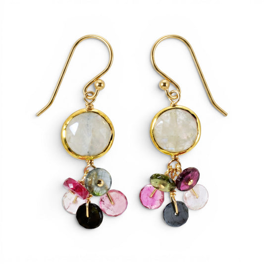 Trebor Style drop earrings featuring bezel-set moonstone and multi-color heishi tourmaline on gold-filled hooks.