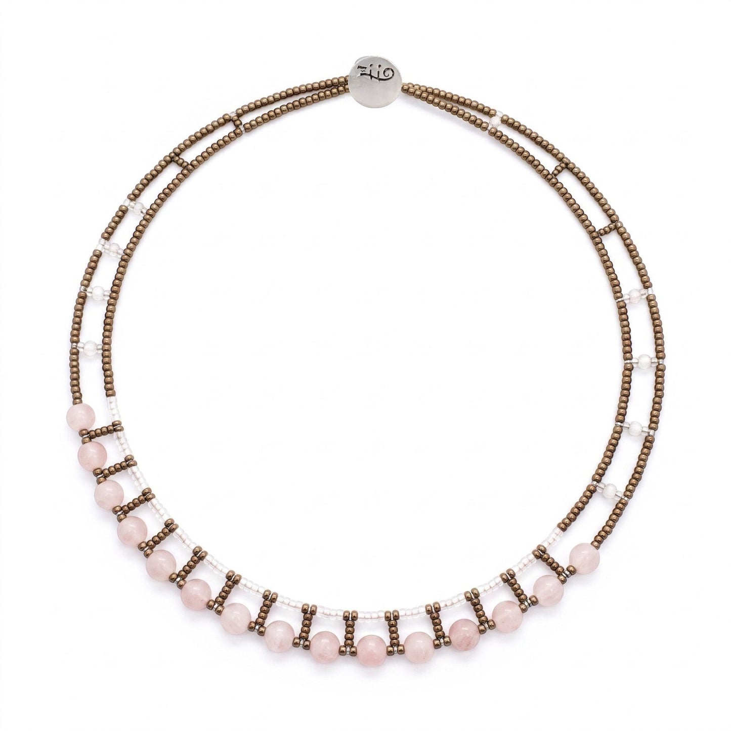 Trebor Style morganite beaded necklace with tiny freshwater pearls and metallic bronze seed beads handmade in Italy by Ziio