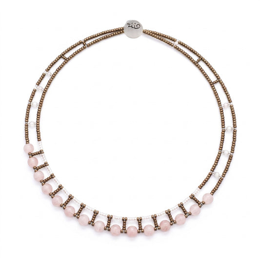Trebor Style morganite beaded necklace with tiny freshwater pearls and metallic bronze seed beads handmade in Italy by Ziio