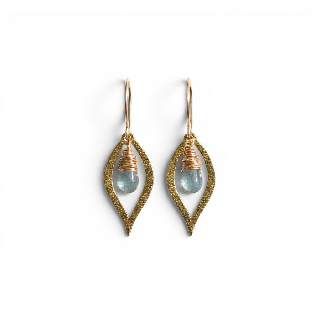 Trebor Style Dew earrings featuring faceted moss aquamarine briolettes in brass leaf connectors with gold-filled wire.