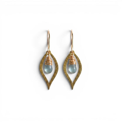 Trebor Style Dew earrings featuring faceted moss aquamarine briolettes in brass leaf connectors with gold-filled wire.