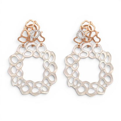 Trebor Style 18k brushed gold drop earrings featuring laser-cut white mother of pearl and diamond accents.