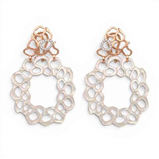 Trebor Style 18k brushed gold drop earrings featuring laser-cut white mother of pearl and diamond accents.