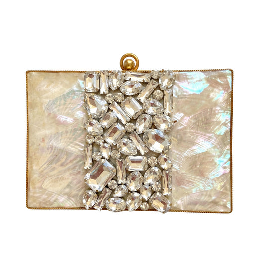 Trebor Style Krystal clutch featuring iridescent mother of pearl, clear stone embellishments, and a gold metal frame.