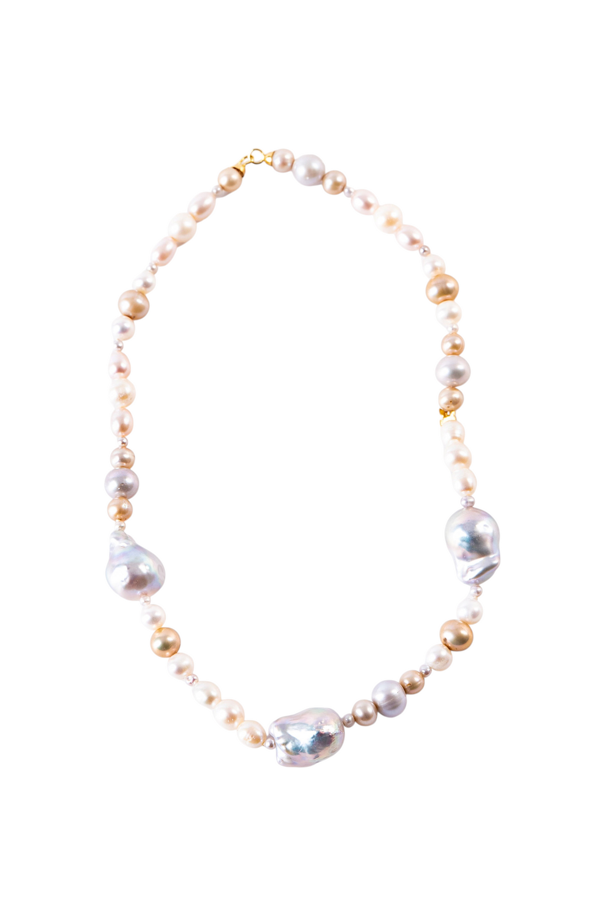 Trebor Style handcrafted necklace featuring multi-color freshwater and baroque pearls with a 14k yellow gold clasp.